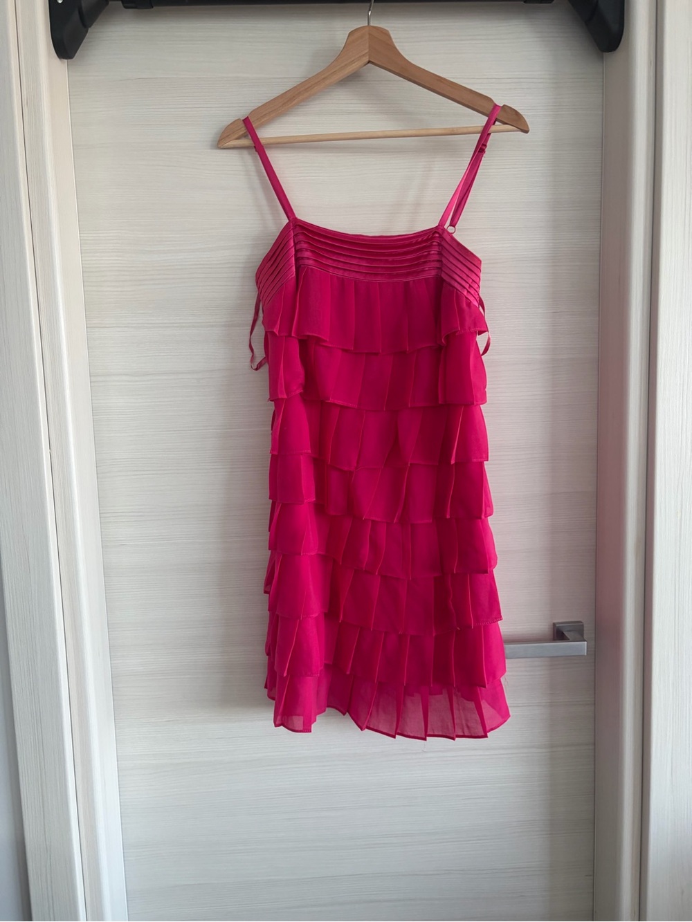 Women’s Tiered Ruffle Spaghetti Strap Dress in Hot Pink